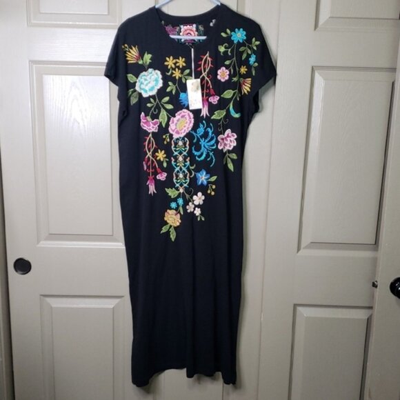 NWT Johnny Was Floral Embroidered Cotton Midi Maxi Black Dress Size Medi… - Picture 1 of 11